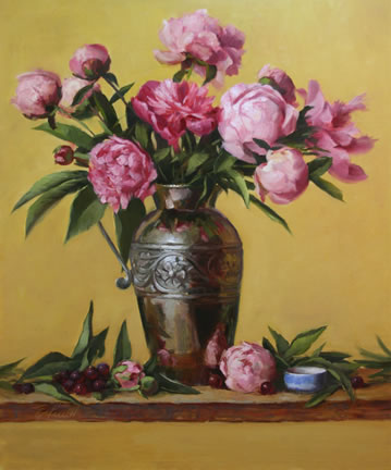 Peonies in Silver Vase
