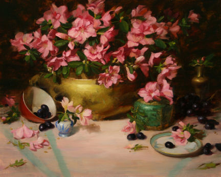 Azaleas in Brass with Ginger Jar Azaleas in Brass with Ginger Jar